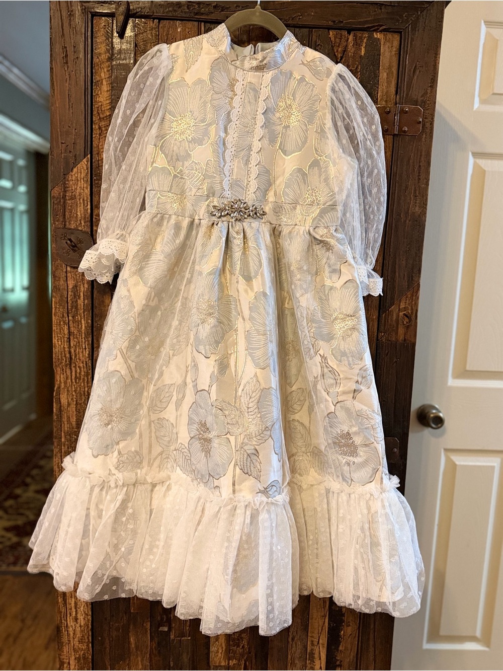 SHEIN Girls 12Y Floral Jacquard Tulle Dress Rhinestone Flower Girl Formal modest